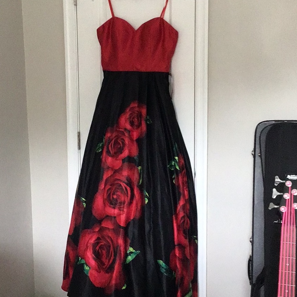 Black, red, floral prom dress